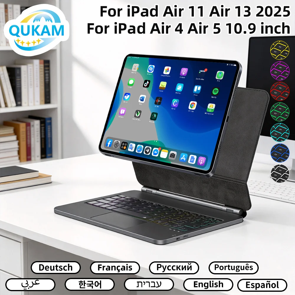 Magnetic Smart Slim Magic Keyboard Case for iPad A16 11th 2025 Pro 13 11 M4 12.9 Air 11 10th 9th 8th Gen Air 4 5 Spanish Hebrew