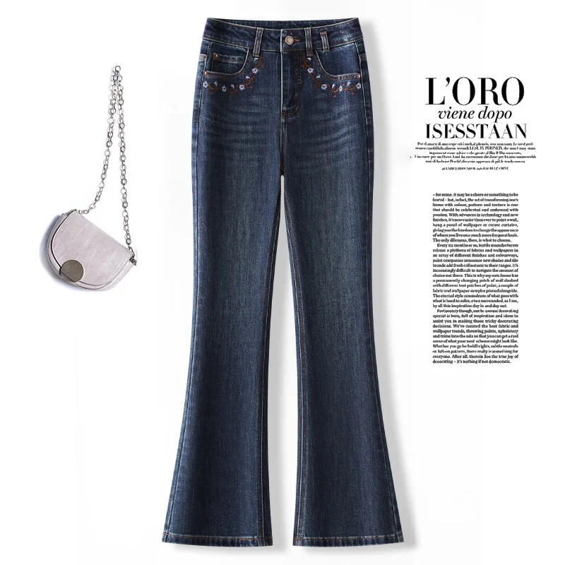 여성용 새 자수 플레어 진, 가을 하이웨이스트 슬리밍 롱 팬츠, 신축성 있는 슬림핏 머메이드 팬츠