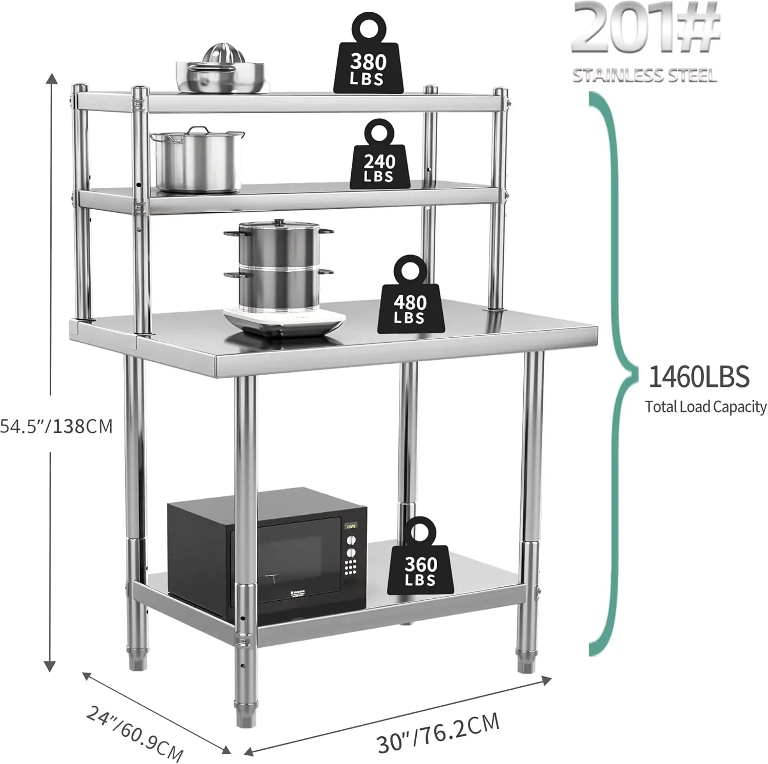 Table en acier inoxydable avec étagères, préparation de table en métal pour la cuisine à domicile et le restaurant, 30 po x 24 po, étagère de 30 po x 12 po