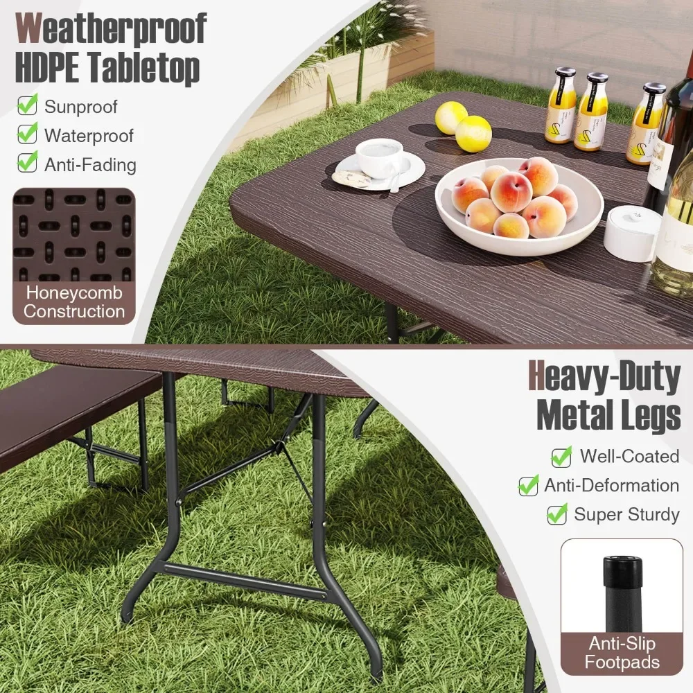 6 ft Portable Folding Table w/ Wood Grain HDPE Tabletop Safe Lock Mechanism view 6