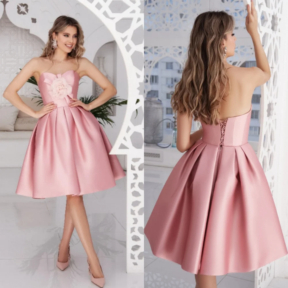 Customized Satin Handmade Flower Cocktail Party A-line Strapless Bespoke Occasion Gown Midi Dresses