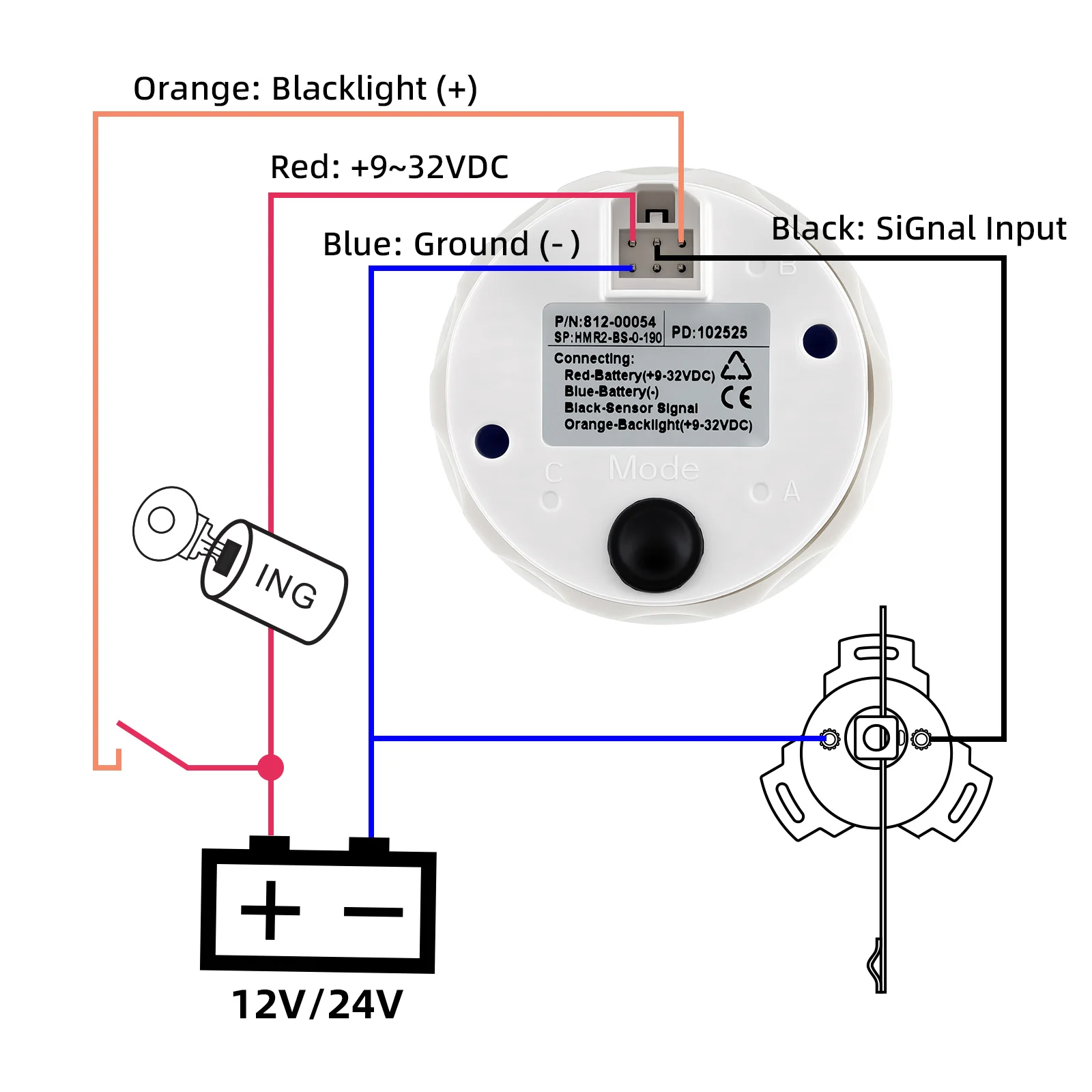 Picture 5: 0-190Ohms Rudder Angle Indicator with Sensor for Boat Yacht RV Marine 52MM Rudder Position Indicator 12V/24V 8 Colors Backlight