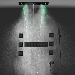 hm Ceiling LED Shower System Set Thermostatic Mixer Bath Black Faucets Waterfall Rainfall Showerhead Panel With Massage Body Jet