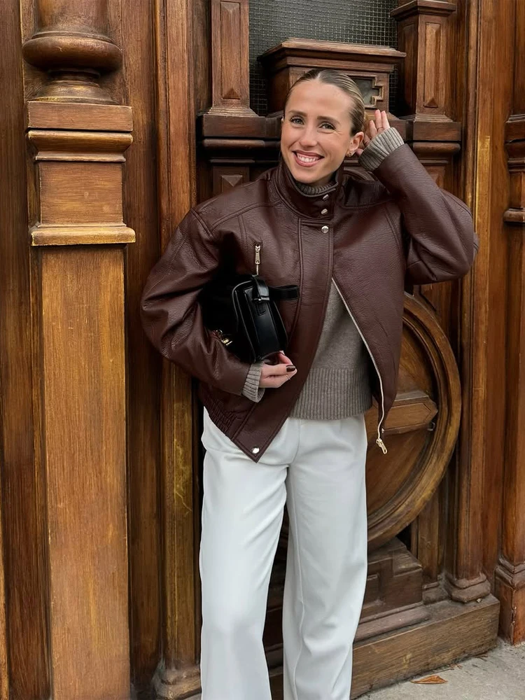 

Ретро-куртка из глянцевой кожи для женщин, винтажная, с воротником-стойкой, на молнии, укороченная, повседневная, уличная, 2026