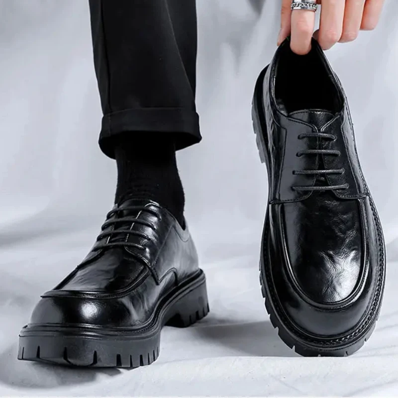 

Casual Leather Shoes for Men's Formal Wear Increasing High-end Feel British Big Toe Derby Shoes Thick Soled Groom's Shoe Zapatos