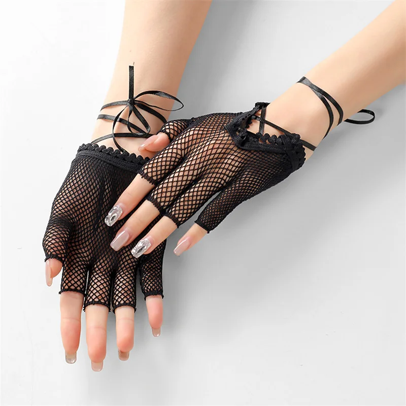 Women's Short Lace Gloves Summer Wedding Elegant Half Finger Gloves Mesh Transparent Halloween Cos Gloves