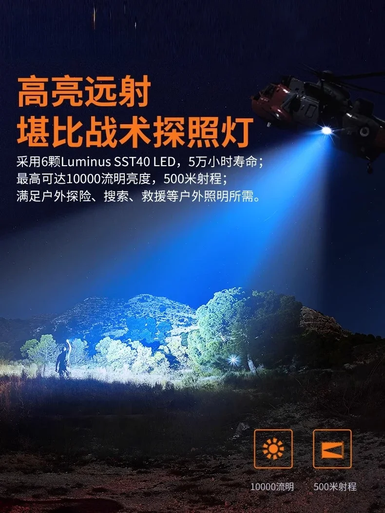 Strong flashlight, lumens, large floodlight, outdoor caving