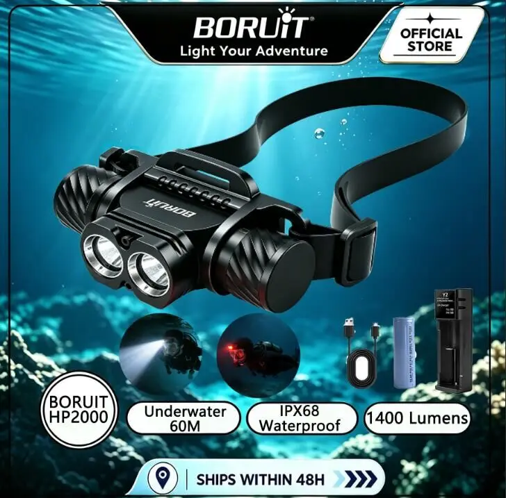 boruit-hp2000-1400lm-diving-headlamp-180°-rotation-underwater-dual-color-white-red-light-sos-strobe-21700-battery-dive-headlight