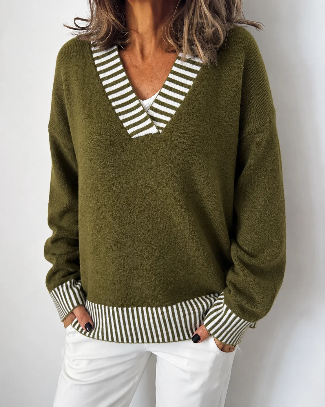 Plus Size Women Autumn Winter Army‑Green Contrast‑Stripe V‑Neck Drop‑Shoulder Loose Pullover