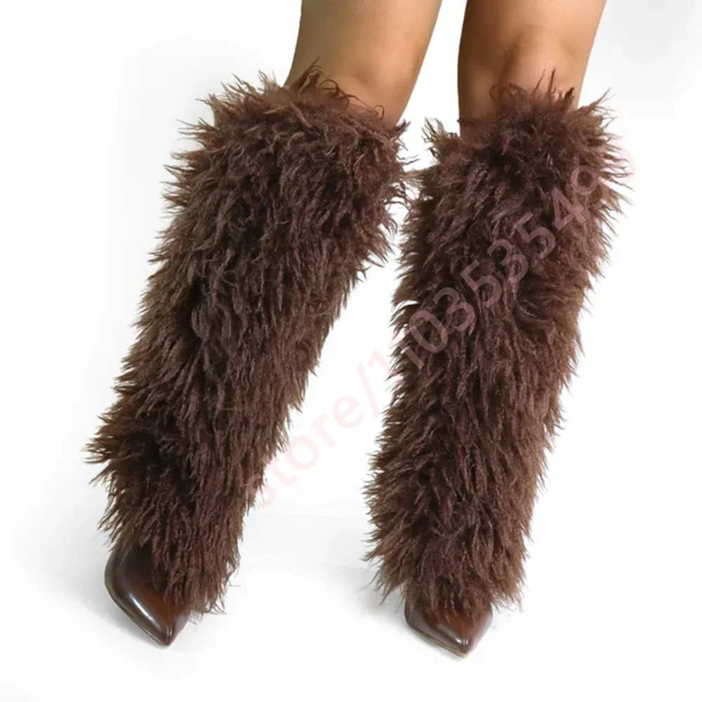 

2025 New Winter Pointed-Toe Furry Snow Boots Ins Style Sexy Women's Chunky High Heel Runway Boot Fashion Party Casual Stage Boot