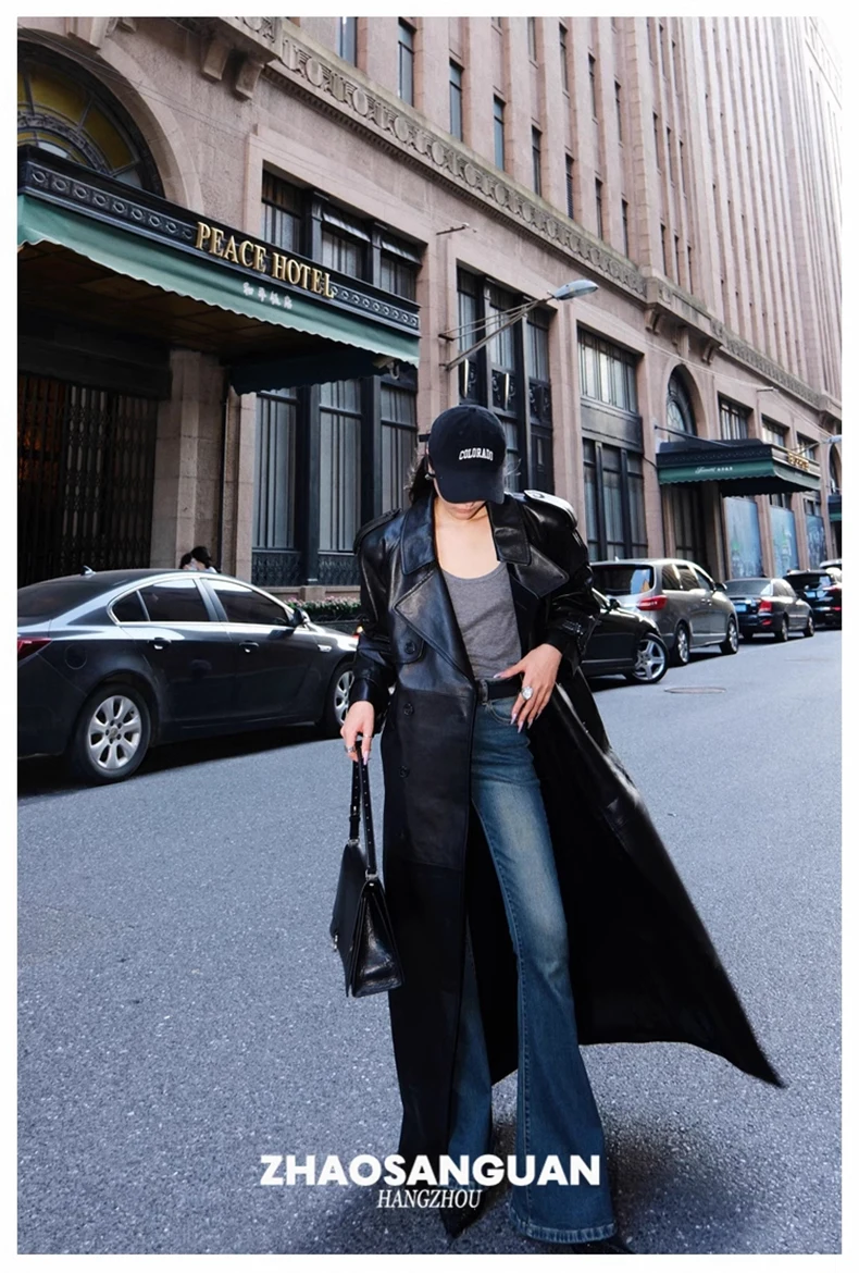 Lautaro Spring Autumn Cool Extra Long Black Loose Pu Leather Trench Coat for Women with Shoulder Pads Belt European Fashion 2024