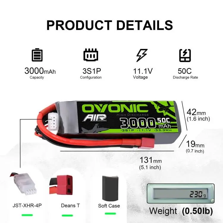 OVONIC Lipo Battery 3s 3000mAh 50C 11.1V Lipo with Connector Dean Style T for RC Avion Hélicoptère Voiture Truck Truggy Hobby DI