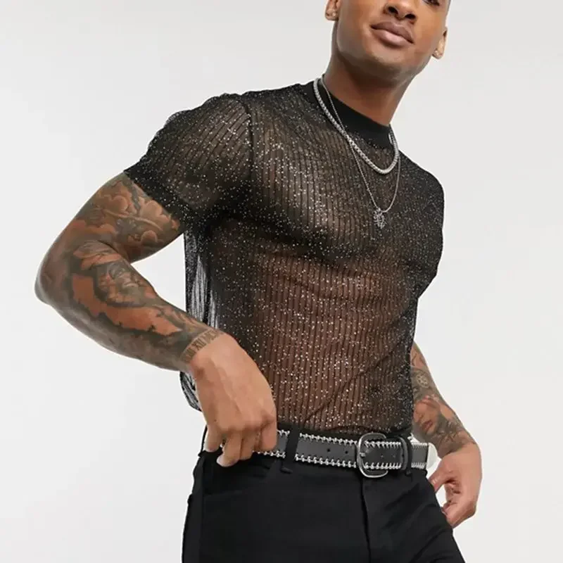 2024 Sexy Men's Nightclub Style T-Shirt Sequins Mesh Loose Breathable Fashion Nightclub Party Bottoming Shirts Stage Costume