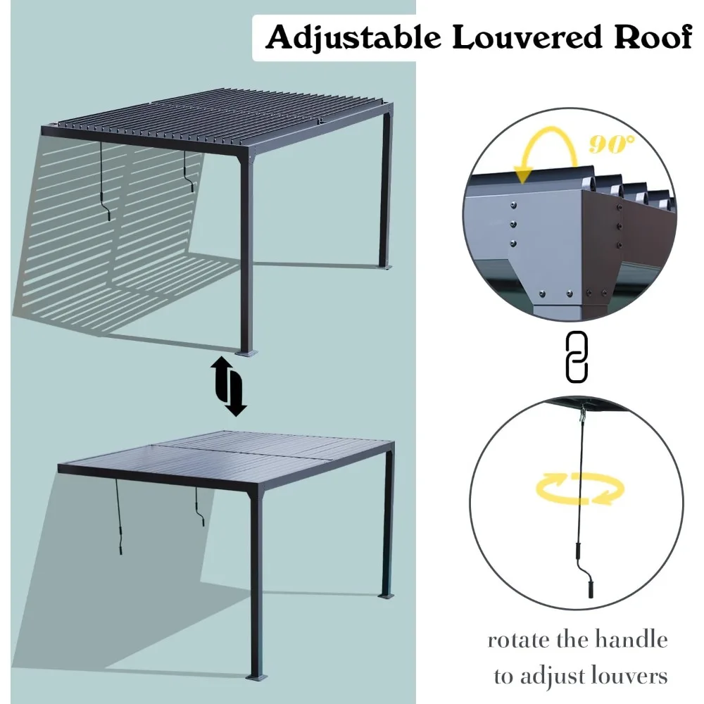 

13 x 10 ft. Outdoor Aluminum Wall Mounted Louvered Pergola Waterproof Gazebo Sun Shade Shelter with 2 Adjustable Rainproof
