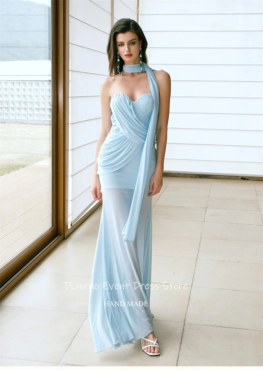 Dianruo リボン付きイリュージョンイブニングドレス ストレートスイートハート ラッフル装飾付き ベスティドス・デ・フェスタ ライトブルー サマープロムガウン 2025 カスタマイズ可能