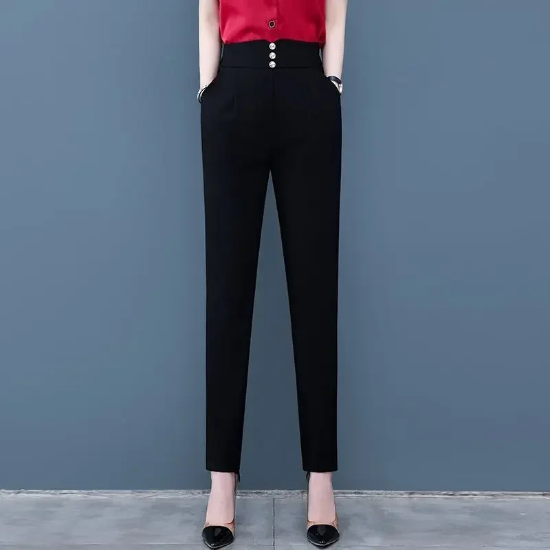 Female Clothing Spring Summer Pants Women Solid Color Pencil Button Pockets Elastic Waist Elegant Fashion Vintage Trousers