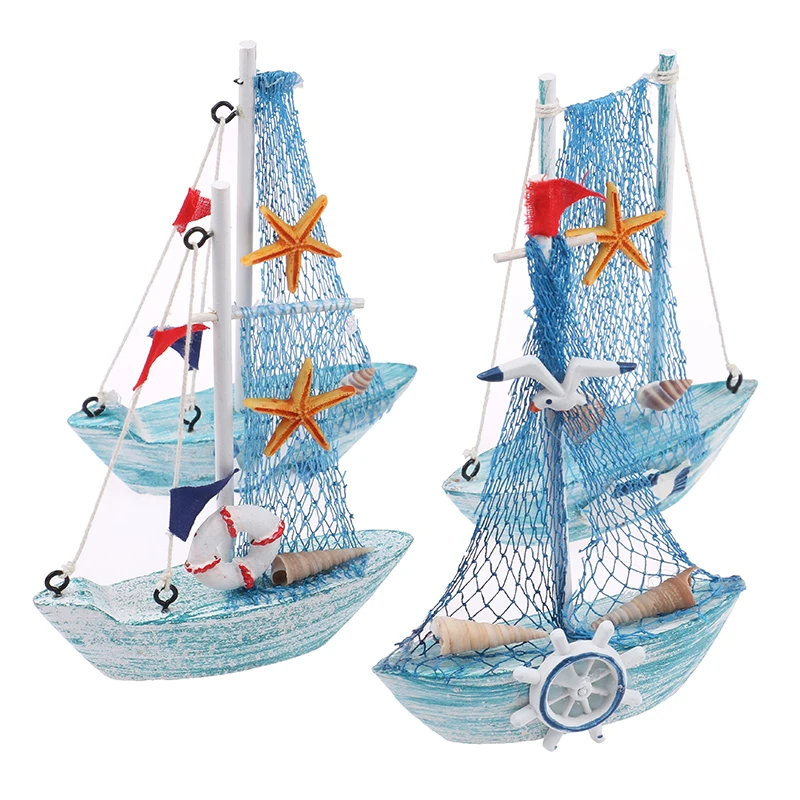 14-15cm Mediterranean Style Marine Nautical Sailing Boat Ship Craft Painting Small Boat Ornaments Sailboat Model Home Decoration