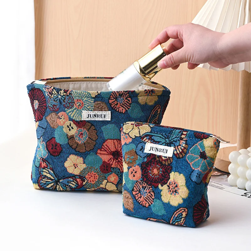 Women's Makeup Bag, Blue Bouquet, Large Capacity Sanitary Napkin, Touch-up, Makeup Supplies, Canvas Storage Bag, Toiletry Bag