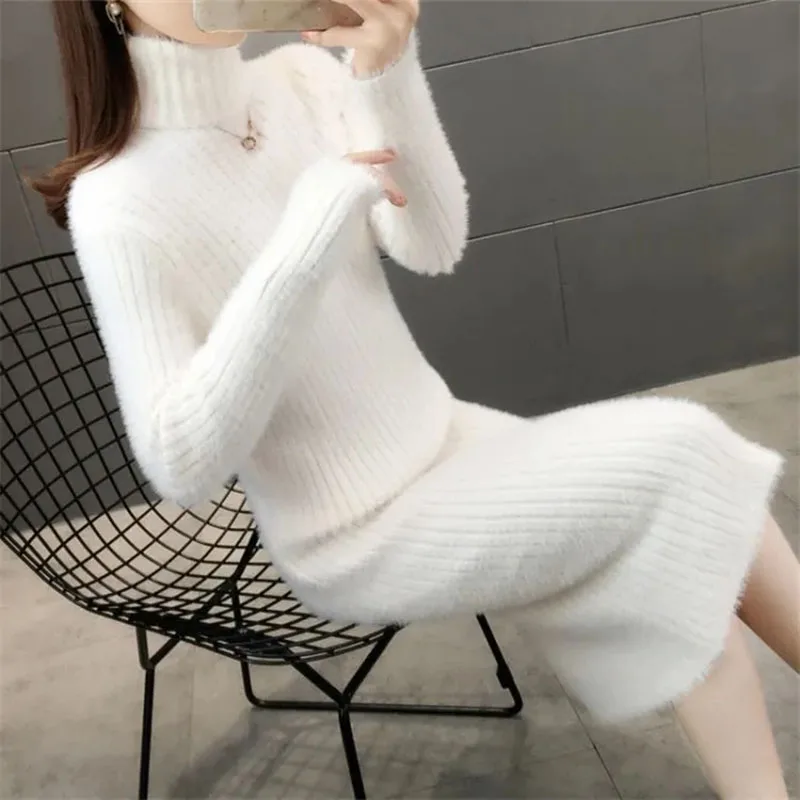 Autumn Knit Midi Dress Women Fashion Mink Fleece Turtleneck Pullover Sweater Elegant Slim Solid Office Lady All Match Base Dress