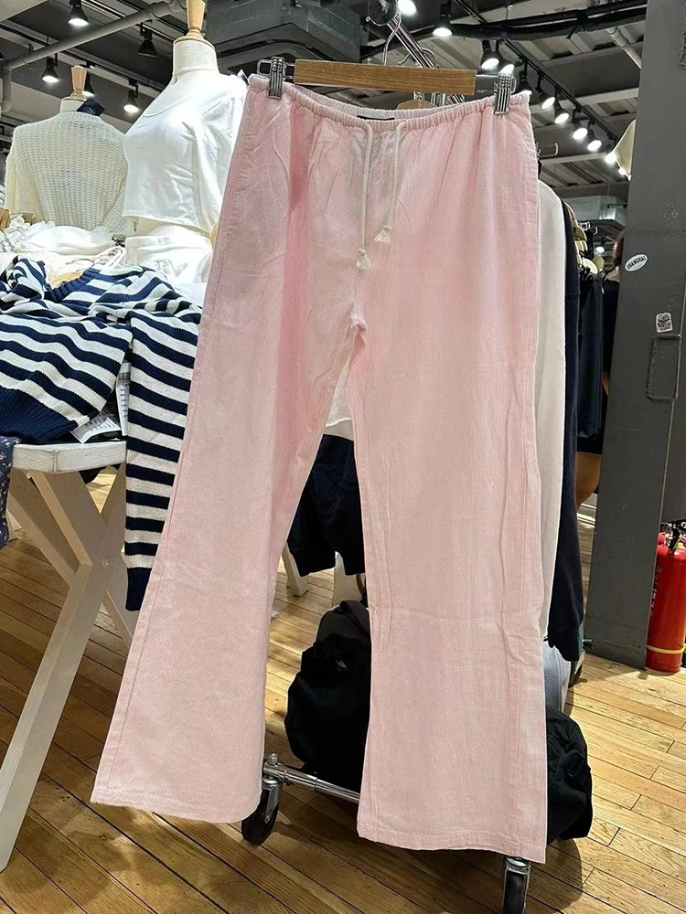 Retro Pink Striped Drawstring Sport Pants Women Autumn High Waist Linen Casual Wide Leg Pants Y2k Streetwear Loose Trousers Chic