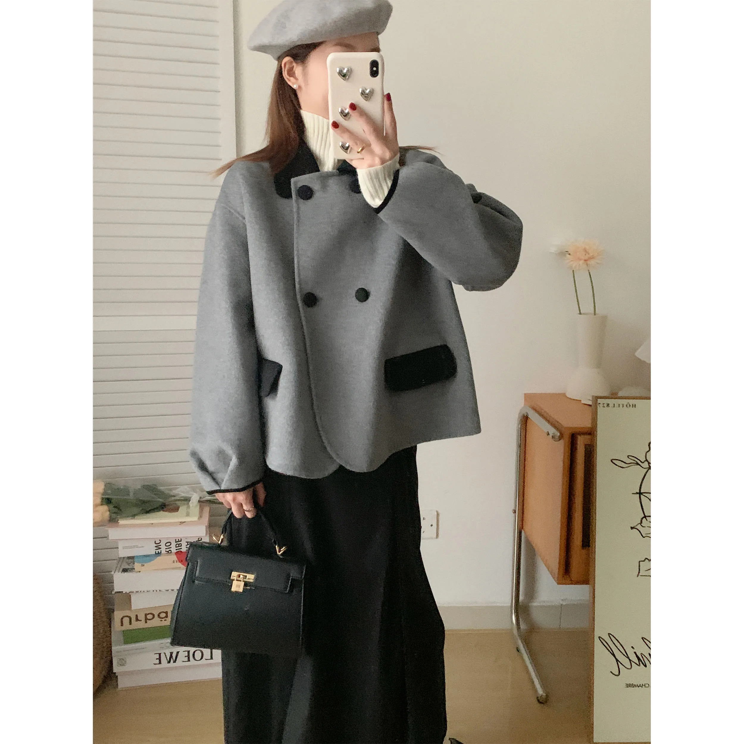 

Goodbye Sle UVPU персиковый глаз двухцветный кукольный воротник двустороннее шерстяное пальто Ele Faionable женская зимняя верхняя одежда