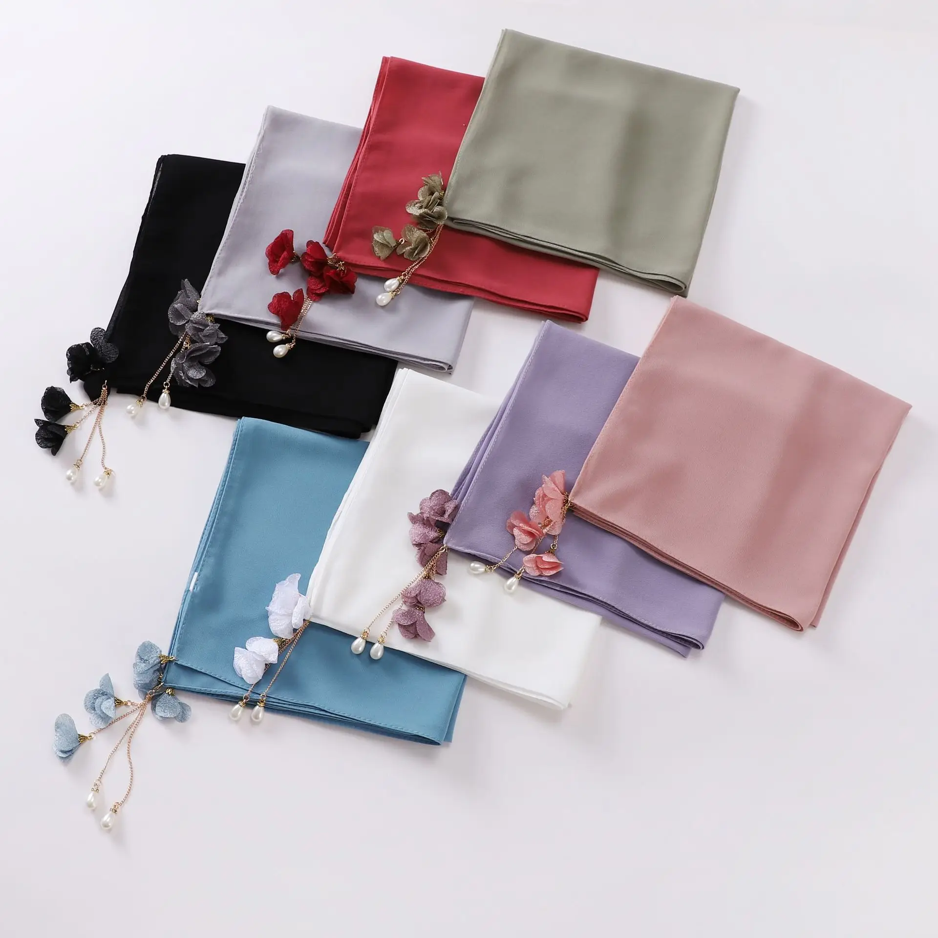 Pearl Flower Pendant Pearl Chiffon Square Scarf 90 * 90cm Muslim Gauze Scarf Sweet Headscarf