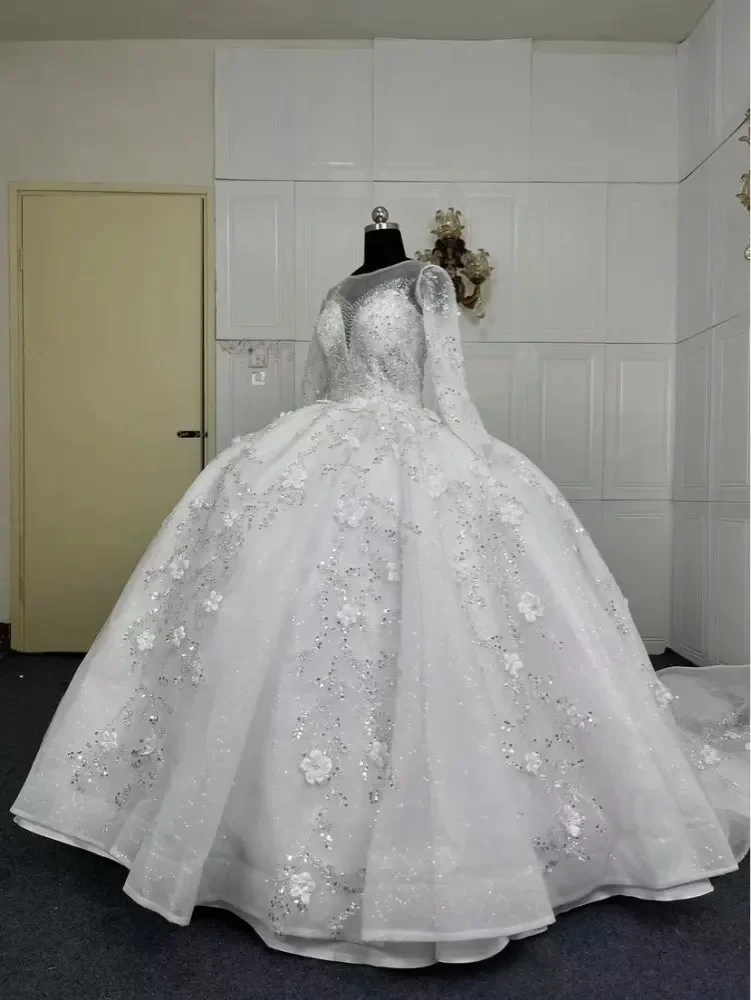 Luxury Lace Flower Appliques Tulle Full Sleeves O-neck Wedding Dresses For Women 2024 Court Train Bridal Gown Vestidos De Novia