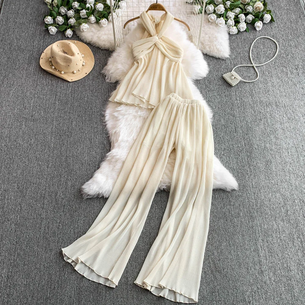 

Women Luxury Halter Twist Knot Set Pleated Pants Design Lady Elegant Party Dinner Charming Wedding Honeymoon Beach Vacation Suit