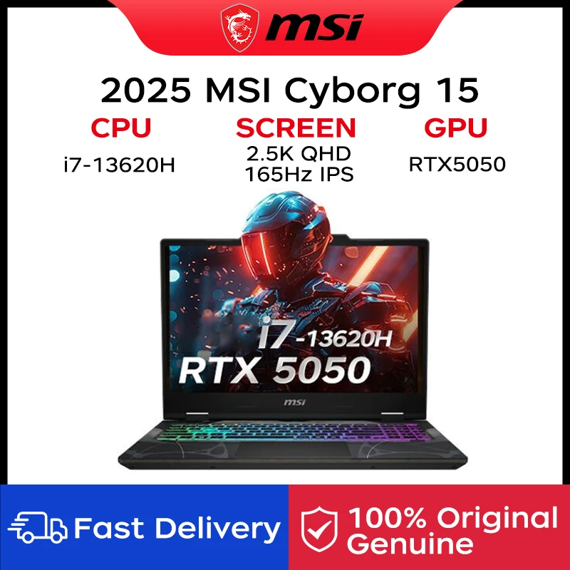 Portátil para Juegos MSI Cyborg 15 2025, Pantalla IPS de 15.6 Pulgadas 2.5K QHD 165Hz, Netbook i7-13620H, 32GB, 2TB, RTX5050, Computadora Portátil