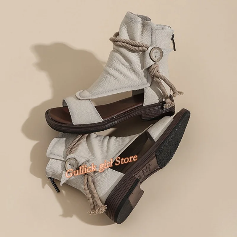 Retro High Vamp Open Toe Sandals Cut Out Lace Up Genuine Leather Beige Black Brown Fashion 2024 Summer Spring Women Dress Shoes