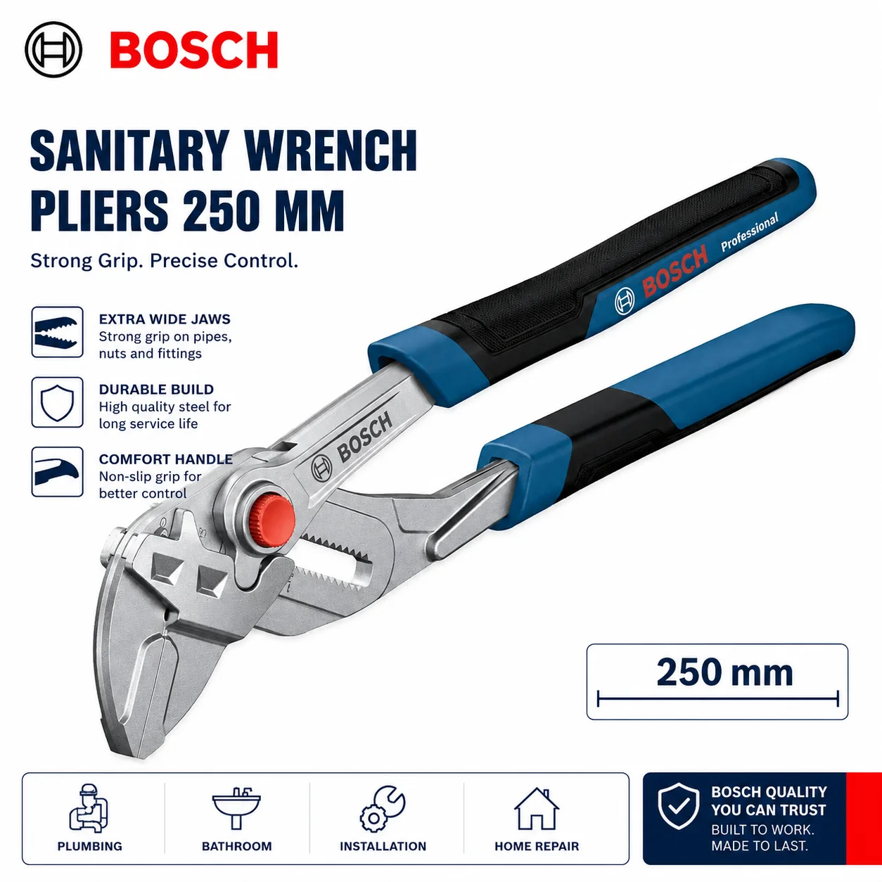 BOSCH 250mm Pliers Wrench Quick Adjustment 48mm Jaw CrV Steel Smooth Jaw Plumbing Hand Tool for Nuts Pipes Fittings