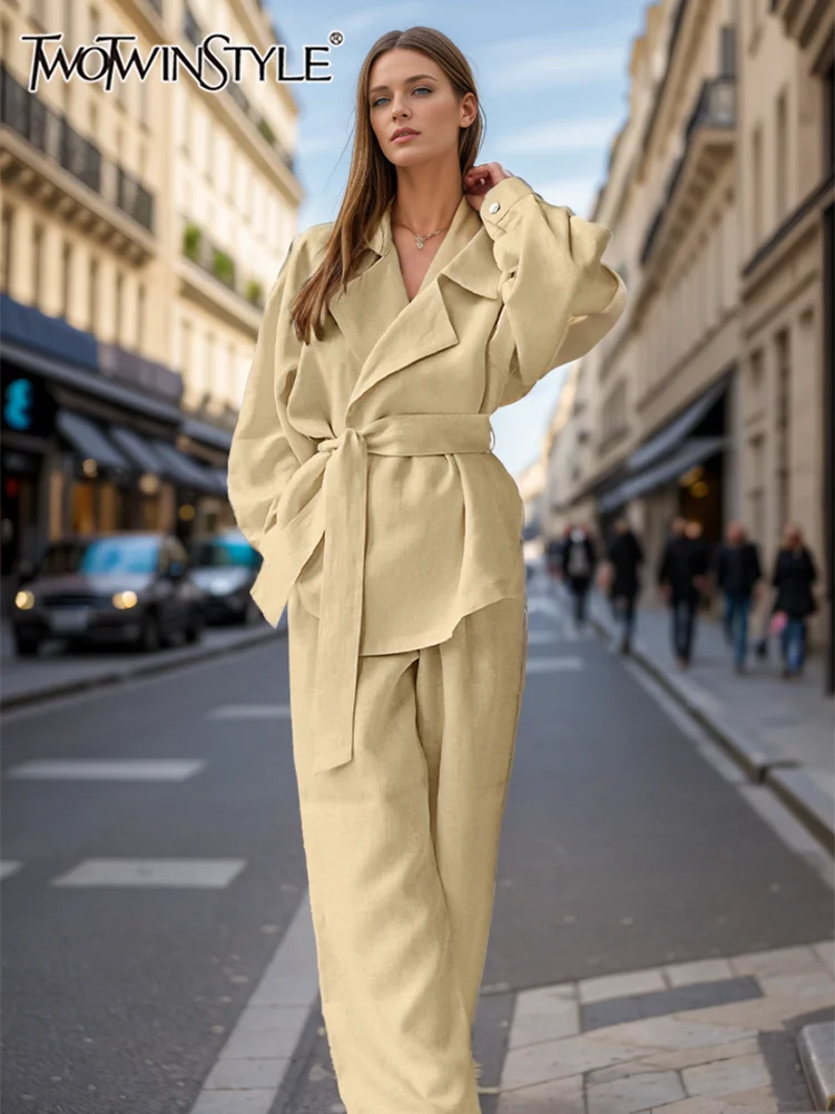 

TWOTWINSTYLE Solid Two Piece Set For Women Lapel Long Sleeve Minimalist Coat High Waist Loose Pant Casual Sets Female Clothes