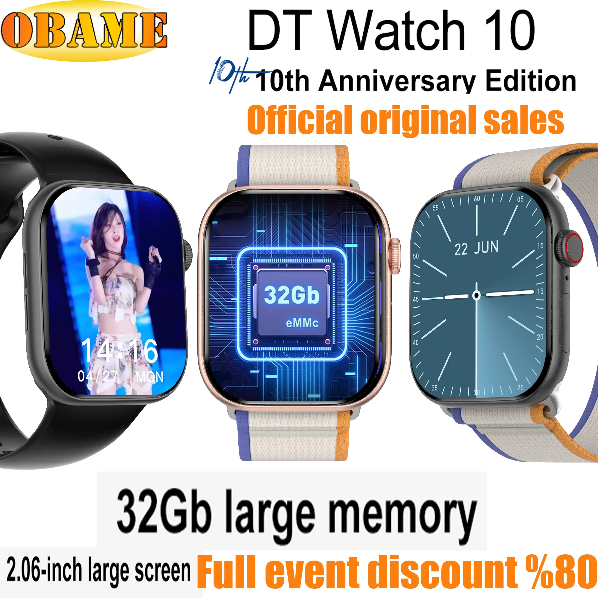 New Original DT Smart watch10 32Gb Large Memory NFC Compass Bluetooth Call Video Playback Smart Watch 2.06 Inch AMOLED Screen