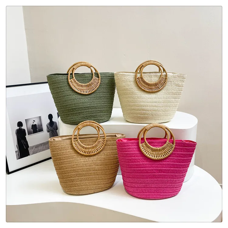 

​​2025 Minimalist Beach Tote Bag Stylish Woven Rattan Handbag Spacious Round Handle Shopper Vacation Basket Purse