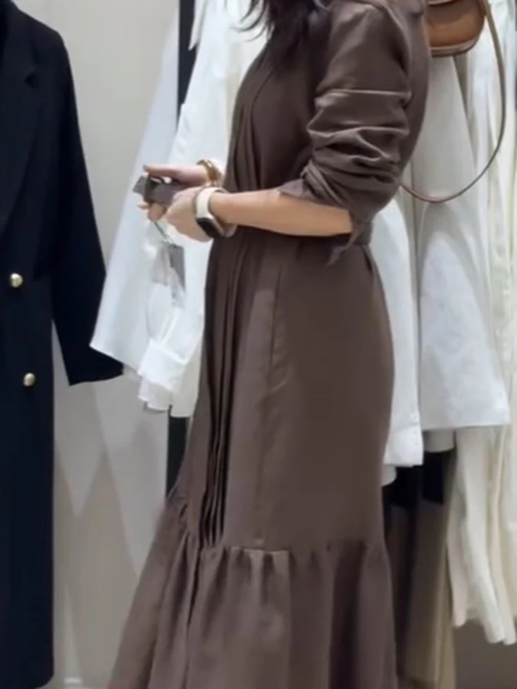 Autumn New Long Sleeve Loose Pleated Dresses Vintage Lapel Single Breasted Shirt Dress Elegant Pocket Solid Color Commute Dress