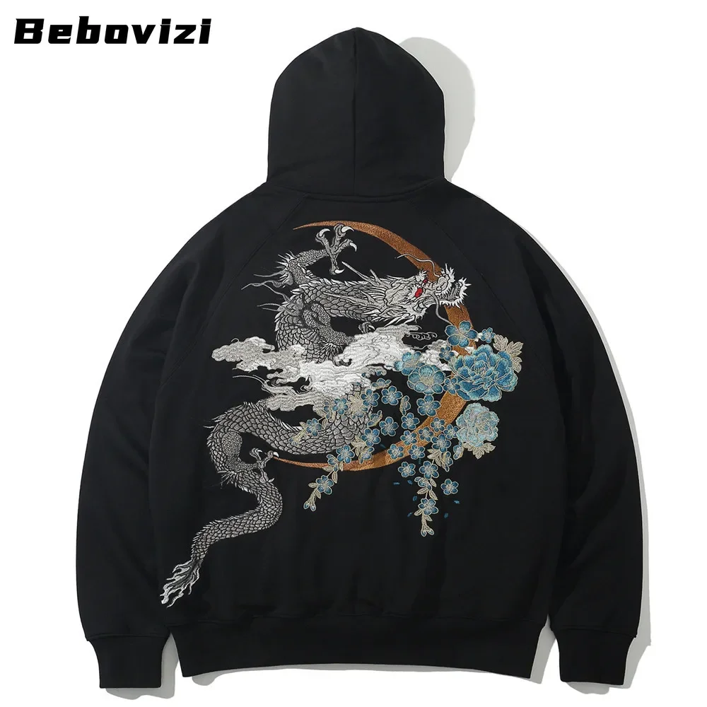 2023 Hoodie Sweatshirt Men Streetwear Retro Dragon Embroidery Hooded Cotton Harajuku Zipper Hoodie Hip Hop Clothing