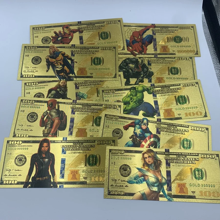 

10 шт. набор Золотая банкнота Marvel, коллекционные предметы супергероя, самая популярная карта с изображением Америки для коллекции фанатов