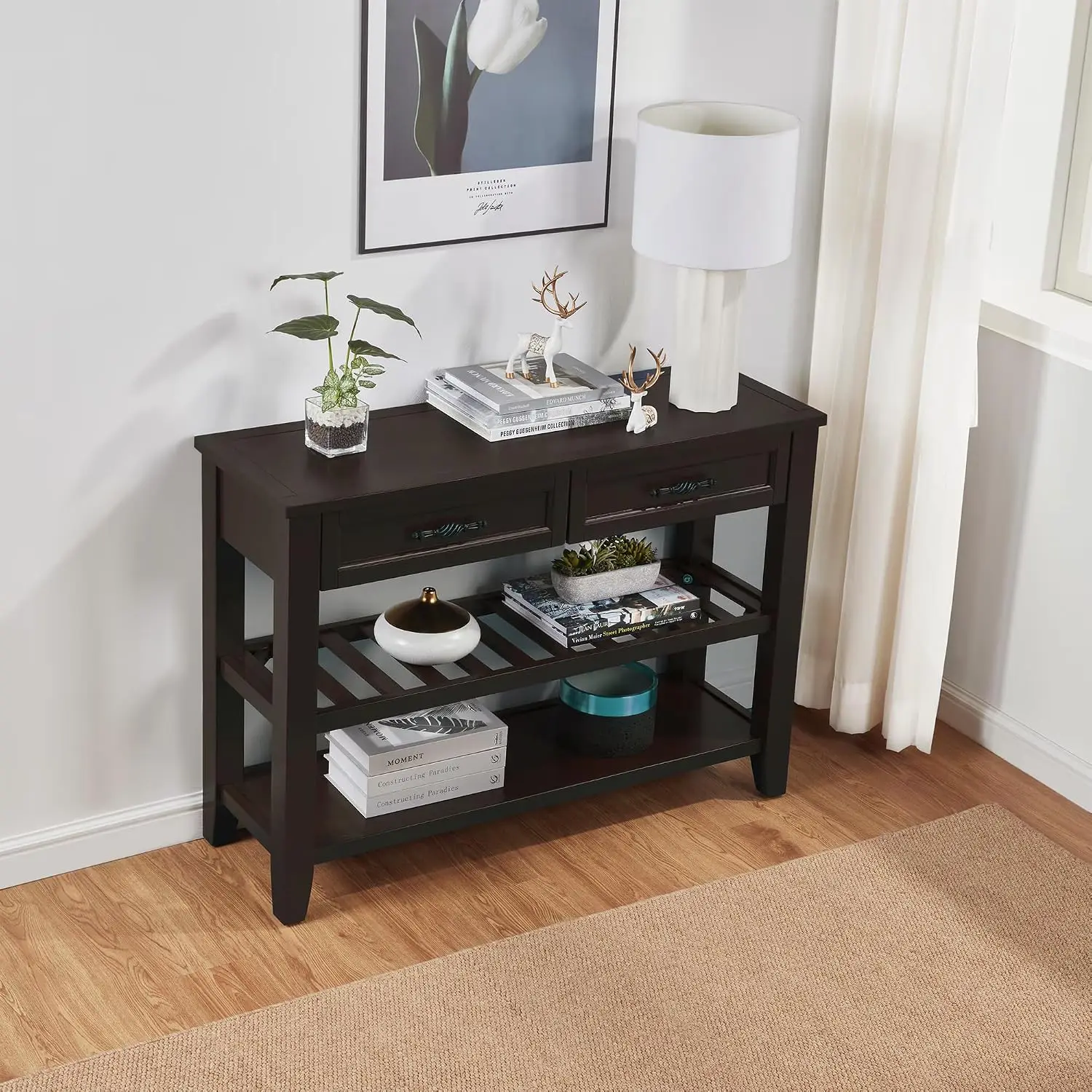 Retro Console Table 2 Open Shelves Solid Pine Wood Frame, Customized