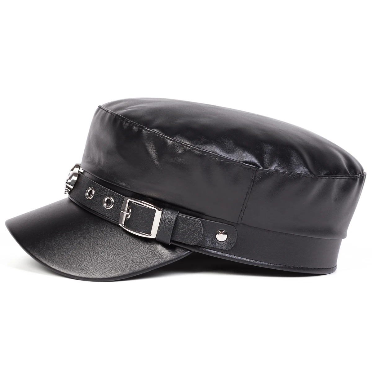 Unisex Nieten-Schnallen-Lederhut Frühling Herbst Matrosenhüte Schwarze Baskenmütze Herren Flacher Kapitänsmütze Militärkappe – Detail 21
