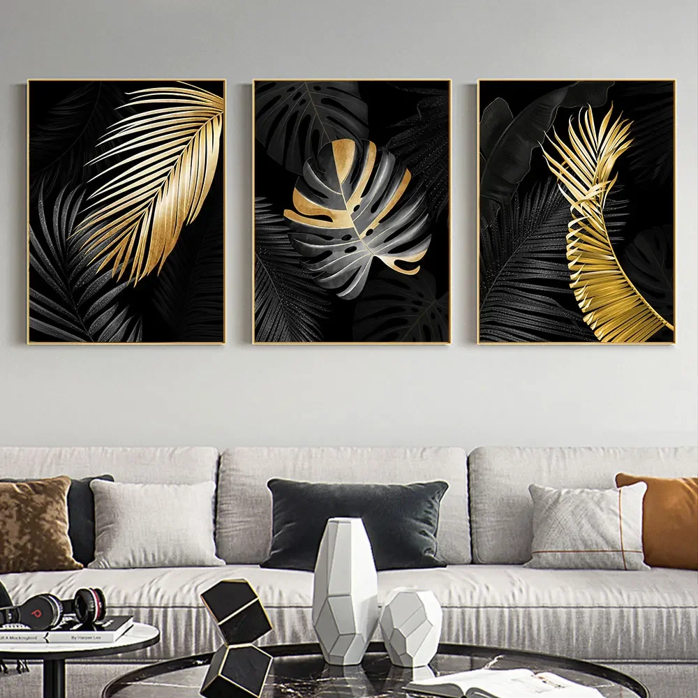 3 Pack Gold Black Navia Leaves Canvas Painting Nordic Style Modern Living Room Wall Art Decoration Prints Poster Decoration