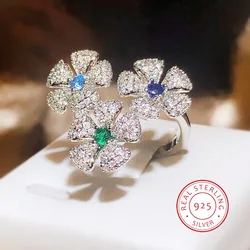 Super Fairy Creative Flower Design Open Ring Luxury Full of Diamond 925 Silver Cocktail Party Ladies Premium Color-proof Jewelry