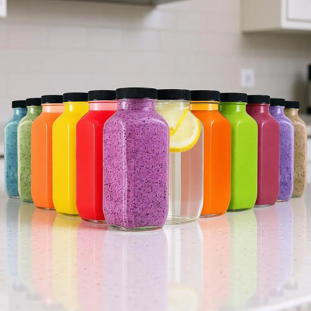 

12-Pack 8oz Glass Juice Bottles with Lids - Reusable Glass Bottles for Drinks
