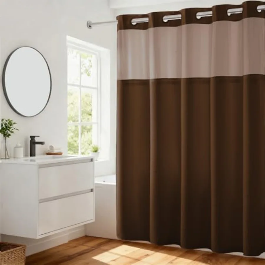 

Занавеска для душа с точечным узором, коричневая, без крючков, со съемным вкладышем на кнопках - 71 дюйм (Ш) x 74 дюйма (В), гостиничный стандарт, эффект спа-салона