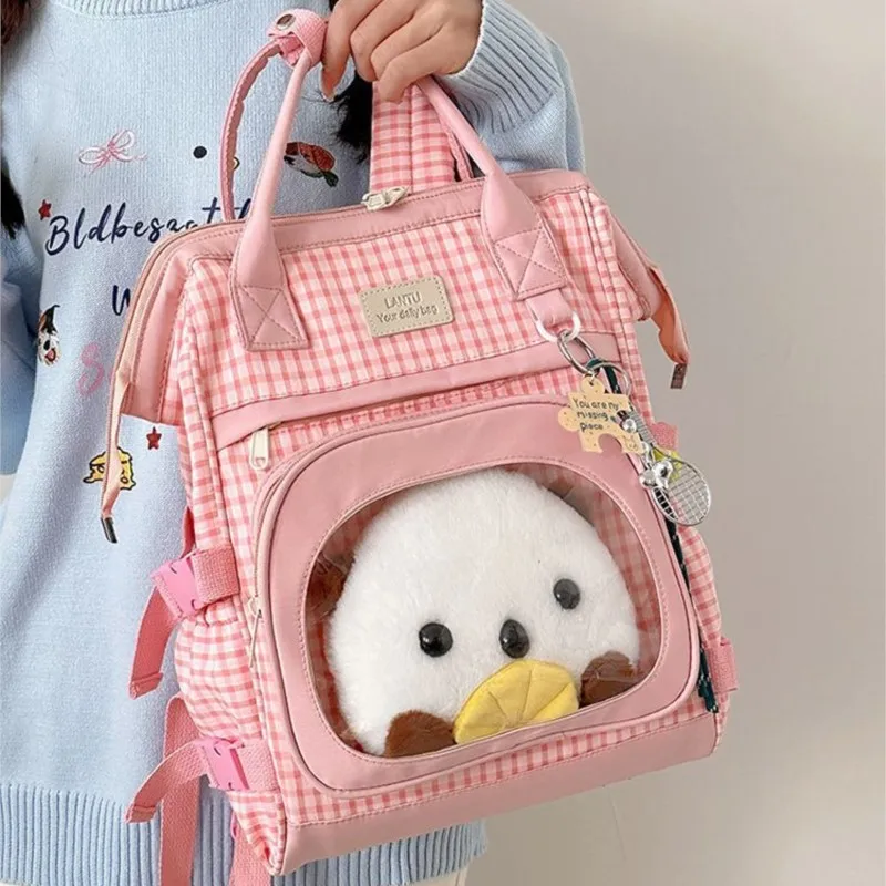 

Sweet Cute Plaid Backpack Women Harajuku Patchwork Large Capacity Doll Ita Bag Ladies Lightweight Travel Multi Function Handbag