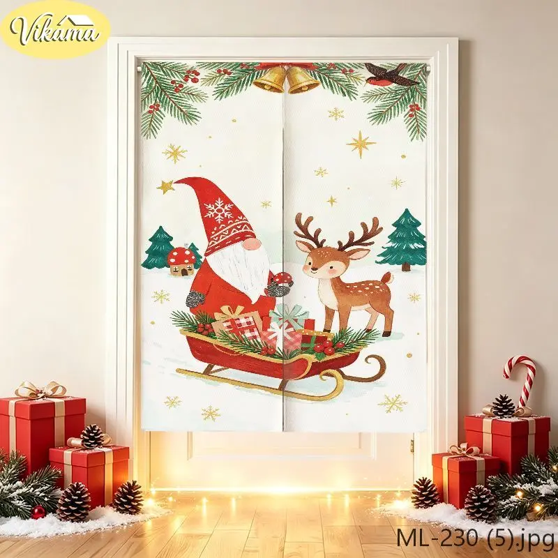 VIKAMA Santa Cabin Window Christmas Door Curtain, HD Print Easy Hang Door Cover, Winter Holiday Front Door Decor