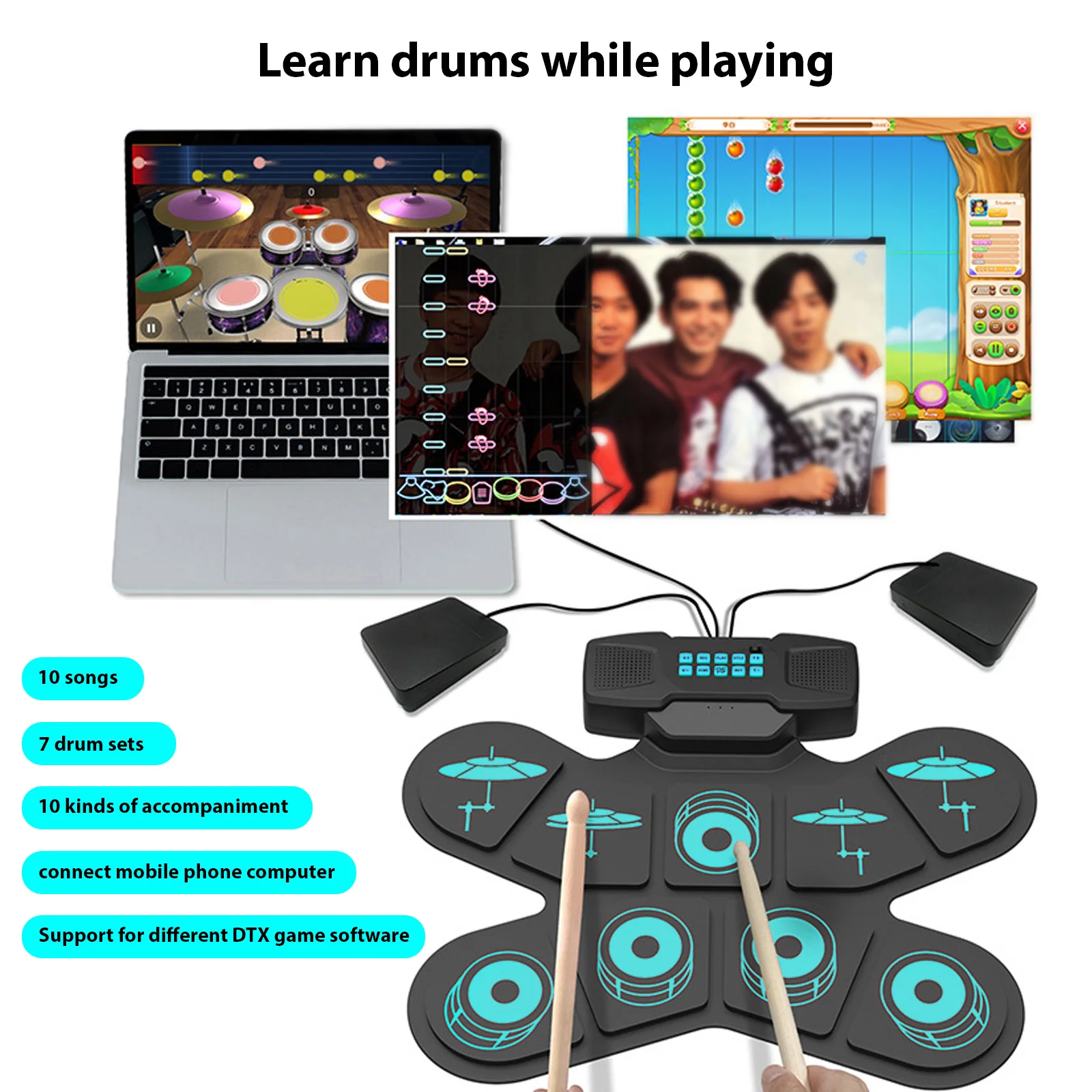 

2026 НОВАЯ электронная барабанная установка, ручной барабан, 9 подушечек, двойной динамик, перезаряжаемая тренировочная площадка, барабанная установка с барабанными палочками, ножная педаль