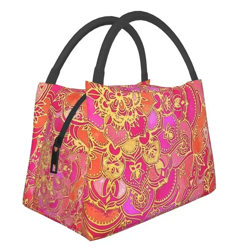 Hot Pink And Gold Baroque Floral Pattern Insulated Lunch Bags for Women Portable Cooler Thermal Food Lunch Box Hospital Office