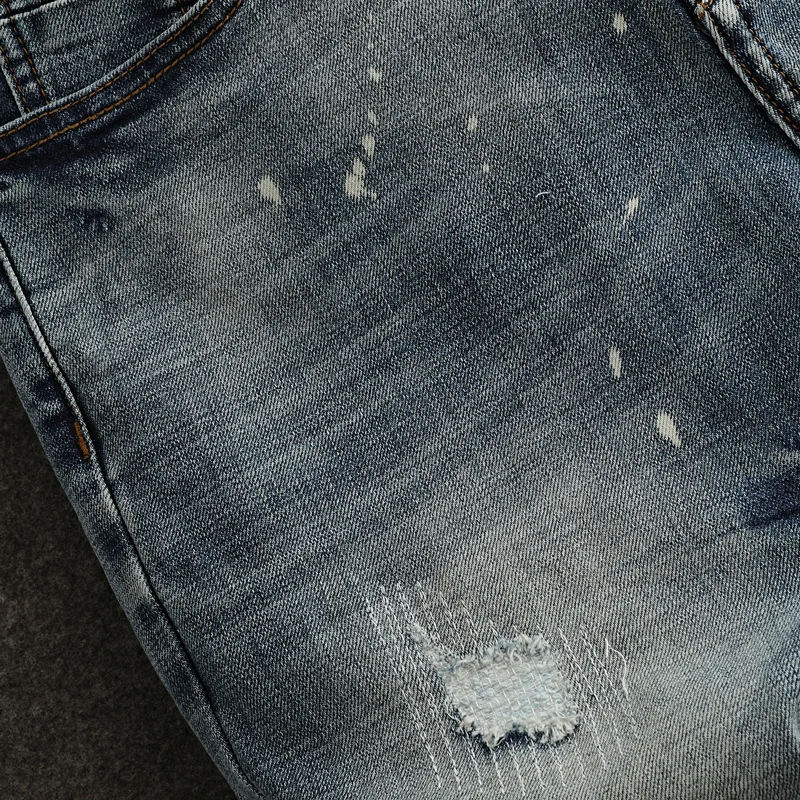 Fashion Designer Men Jeans High Quality Retro Washed Blue Stretch Slim Fit Ripped Jeans Men Painted Vintage Denim Pants Hombre