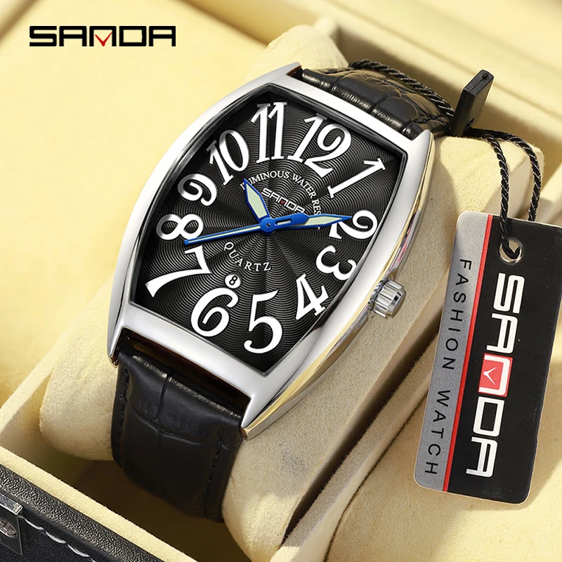 

SANDA New Quartz Watch Casual Fashion Men Watch Simple Dial 30M Waterproof Wear Resistant Genuine Leather Strap Luminous Pointer