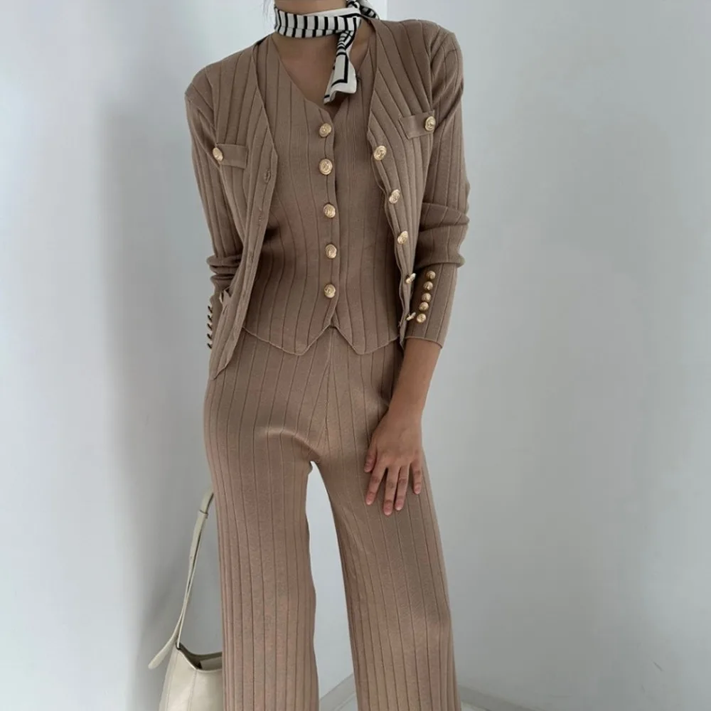 Autumn and Winter New Han Fan Ins Women's Sweet Pit Striped Temperament Vest + Knitted Jacket + Wide-leg Pants Three-piece Set